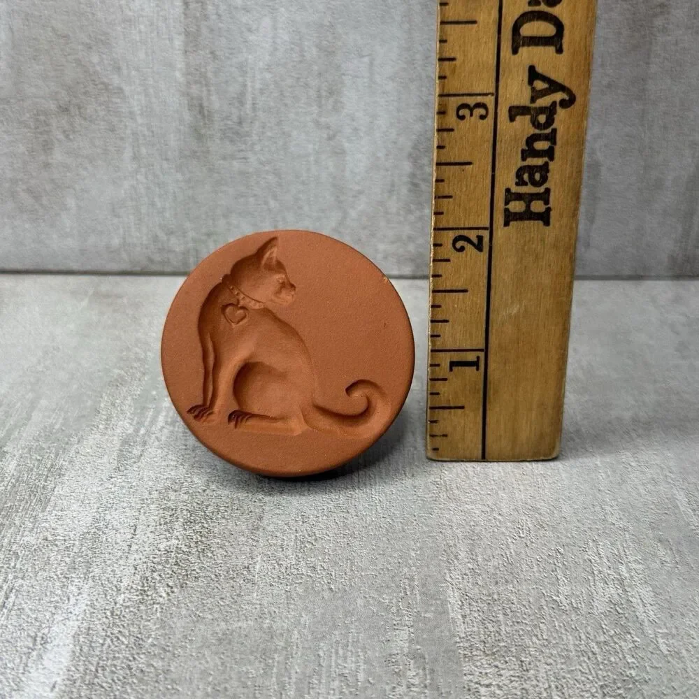 Vintage Rycraft Ceramic Terracotta Blue Glaze Cookie Press Stamp Cat  2